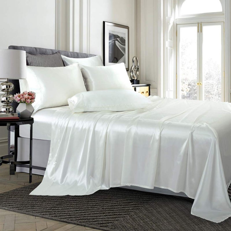 TREELY 6 Piece King Size Satin Sheets Set - Silky Smooth Ivory White With Deep Pocket, Fitted Sheet, Flat Sheet, 4 Pillowcases - Image 2